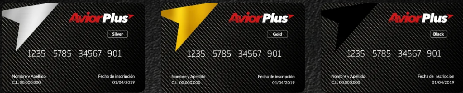 Tarjetas de membresía Avior Plus Silver, Gold y Black